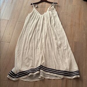 Pink Chicken white cotton maxi dress with navy blue stripes along the hem Large